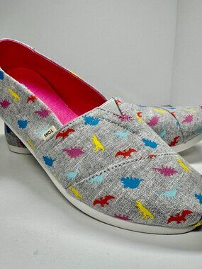 TOMS Shoes Women's 8.5 Slip-On Drizzle Grey Chambray Neon Dino 10015587 Comfort